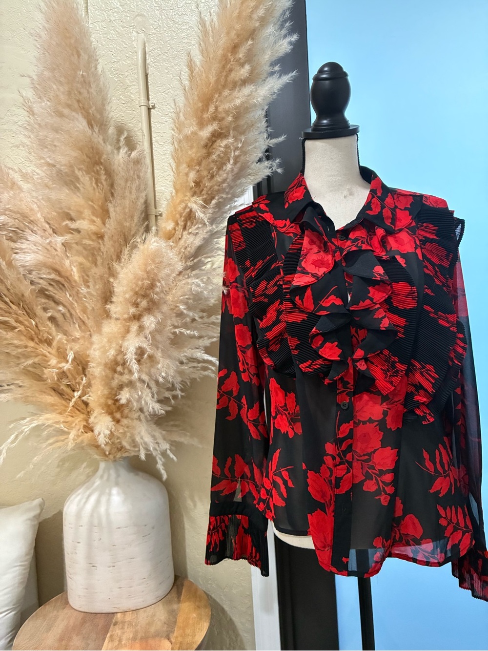 Fashion Nova Black Sheer Blouse with Red Floral Ruffles